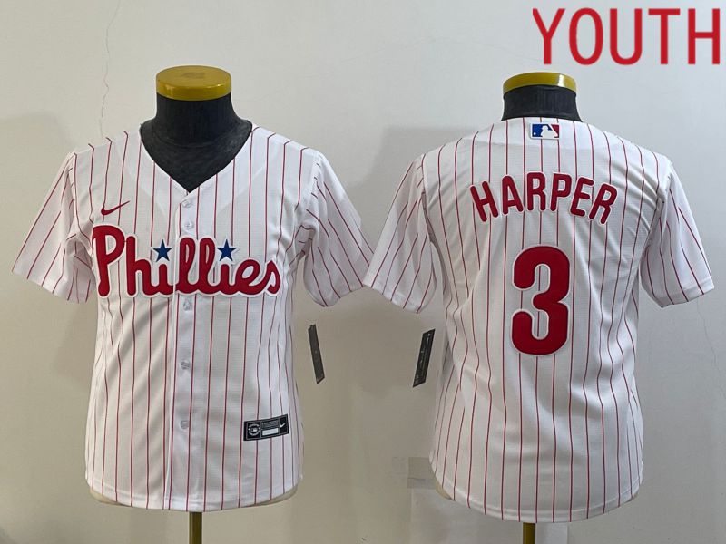 Youth Philadelphia Phillies #3 Harper White Stripe Game Nike 2022 MLB Jersey